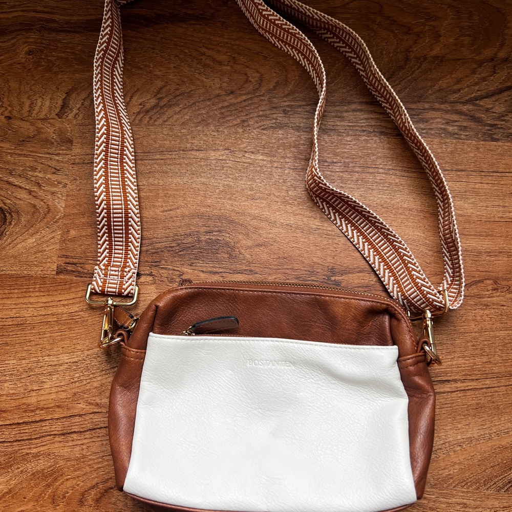 Two-Tone Tan & White Crossbody with Patterned Strap